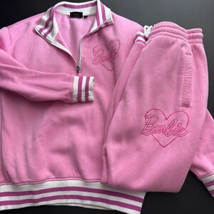 Barbie Tracksuit Set Womens Size M Pink Solid Quarter Zip Joggers Sweatpants